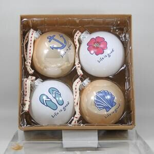 Life is Good Beach Lover Christmas Holiday Glass Ornaments 2021 Set of 4 in Box